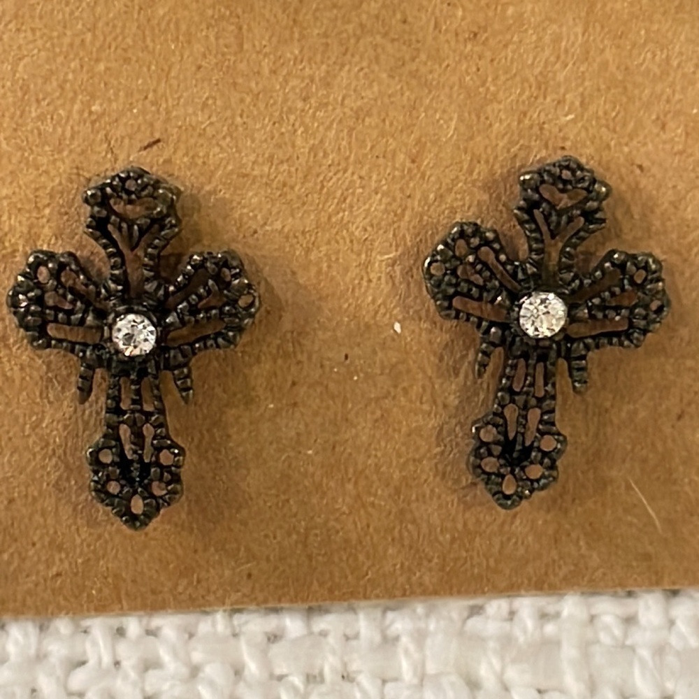 💐5/25 3 pair lot bundle black lace cross blue cz crystal stud black flat disc - Picture 5 of 8